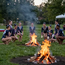 college gymnasts at a campfire
