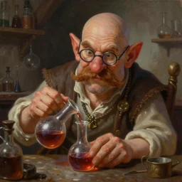 a beautiful portrait painting of a bald dnd alchemist gnome in his 3 0's with brown moustache no glasses and big nose mixing a potion in medieval lab, artstation fantasy gnome, deviantart fantasy gnome, world of warcraft gnome portrait, pathfinder gnome, art by keith parkinson and greg rutkowski and tim hildebrandt
