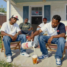 a painting of los angeles crip gang members. one of them is pouring malt liquor on the ground in honor of a dead fried before he drinks. they are sitting in chairs on the front porch of a home in compton california. the view is closeup, as if the viewer is sitting with them. westside, midday, in the style of andreas achenbach