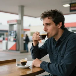 an italian man drinking an espresso at a coffee bar in a gas station, side view, ultra realistic picture, 8 k,