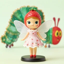 a femo figurine of a cute funny strawberry fairy with a frilly floral dress featured in the very hungry caterpillar, by lois van baarle