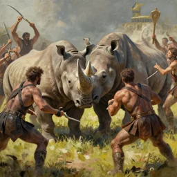 rhinocerous in battle by greg rutkowski