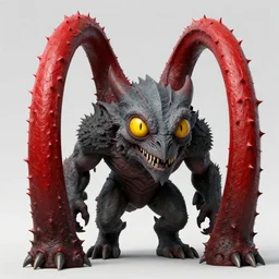 a large gray demonic looking creature with big yellow eyes : : 2 massive and tall red thornes : : 2 very detailed illustration, very realistic render, very detailed render, rendered in octane,