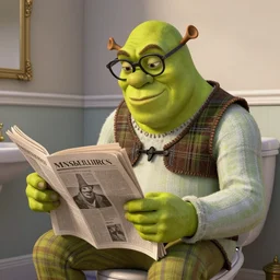 Shrek in the bathroom with thick rimmed black glasses and a 1950s haircut and wearing a plaid green blazer and a suit while sitting on the toilet reading a newspaper, realistic, 8k resolution, hyperdetailed, highly detailed, real life, studio lighting, high quality, digital art