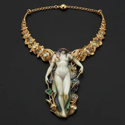 an artnouveau necklace in  the shape of a goddess painted by H.R.Giger as an artnouveau necklace made by René lalique