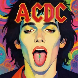 a colorful vibrant closeup portrait of a ACDC licking a tab of LSD acid on his tongue and dreaming psychedelic hallucinations, by kawase hasui, moebius, Edward Hopper and James Gilleard, Zdzislaw Beksinski, Steven Outram colorful flat surreal design, hd, 8k, artstation