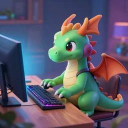 adorable dragon playing a computer game