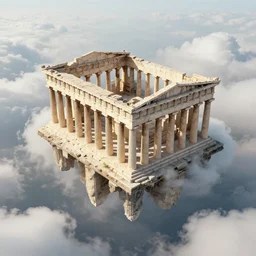 Ancient-greek Temples floating on clouds. Bird's eye view. Detailed, realistic, digital rendering.