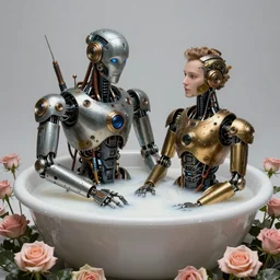a beautiful intricate fine art portrait photo of a   a mechanical industrial steampunk cybernetic robot taking a milk bath surrounded by roses, by tom bagshaw and zach sutton, perfection!, milk bath photography,  studio lighting, 35mm lens, very detailed, bionic, cybernetic scifi, deep depth of field, artstation, 8K, highly coherent