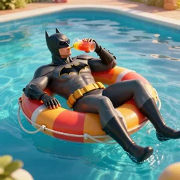 a full body photo of batman, he is lying over a colorful life preserver and relaxing, he is floating over a giant pool, he is drinking an exotic drink and wearing sunglasses, golden hour, high detail, unreal engine 5, trending on artstation