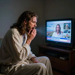 Jesus vomiting while looking at a television with the news on. Photograph.