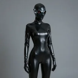 hooded flat slim thin petite female plague doctor, in extra tight shiny black latex suit, long sleeves, turtleneck, trending on artstation, latex plague crow mask, establishing shot