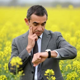 Mr. Bean waiting impatiently looking at his watch in a field of yellow flowers