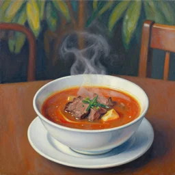 a bowl of steak soup on a table lower corner view in the style of loish van baarle, painting, fancy