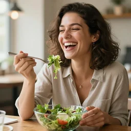 a stock image of a lady laughing while eating salad