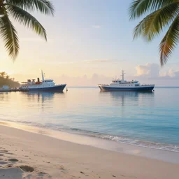 a tropical beach harbor with a docked ship by Greg Rutkowski, sunrise, Trending on Artstation, serene, calm