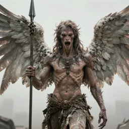 cinematography picture of monster with angel wings and human skin, no eyes, long jaw, holding a spear, 8k, unreal engine 5, ps5, hyperrealistic, artstation, higly detailed