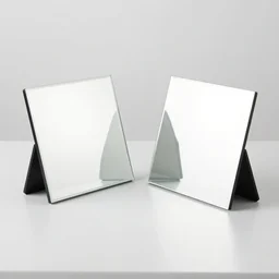 two square mirrors are at an angle to each other refracting each other recursively on a table, octane render 8 k
