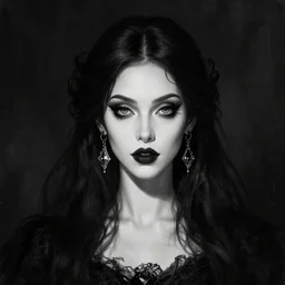 digital art painting portrait of elegant gothic lady with earrings, black and white, dark background, perfect lighting, high contrast, arstation, artgerm, wlop, 4 k
