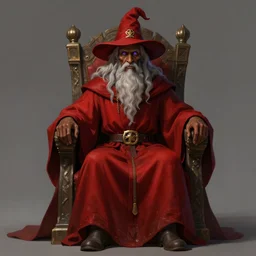 Full body Picture of a Wise old man, merlin inspired, dark brown skin, light grey hair, classic wizard hat, crimson attire, sitting on a throne, detailed face features, dark purple eyes, extremely detailed, sage, D&D, by artgerm and Craig Mullins, James Jean, Andrey Ryabovichev, Mark Simonetti and Peter Morbacher, matte painting, trending on artstation, artstationHD, artstationHQ, octane, full HD, 16K