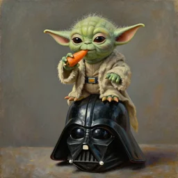 old oil painting of a yoda eating carrot while standing on a darth vader helmet, trending on artstation