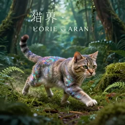 fantasy book cover artwork of a cat running through the jungle, ultradetailed, wallpaper, 4k, prismatic