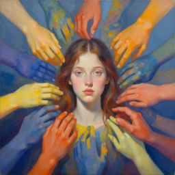 a surreal painting of a young woman surrounded by colorful hands