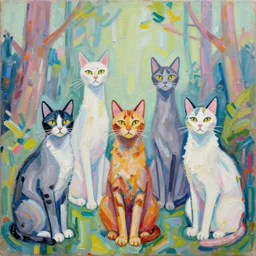 highly detailed contemporary acrylic painting of really tall sitting cats by jean - michel basquiat, thick brush strokes and visible paint layers, dense overgrown forest background, vivid pastel color scheme