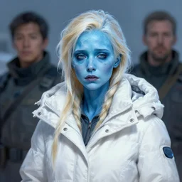 character concept portrait, frozen blue skinnned michelle williams suffering from hypothermia, wearing a white winter coat, blond hair, style digital painting, concept art, smooth, sharp focus, illustration, from metal gear, by ruan jia and mandy jurgens and william - adolphe bouguereau, artgerm