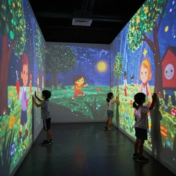 a wide angle lens shot on fullframe camera of of large scale immersive kids installation with projection on walls. few kids interact with walls, and visuals react on kids touch. rich colors, high contrast, gloomy atmosphere, dark background. trending on artstation. few kids touch the wall
