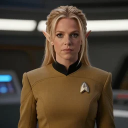4K video of young attractive high-fantasy elf (played by Britney Spears) in a Starfleet uniform in Star Trek, scene where she is on Deep Space Nine, soft light, cinematic lighting, sharp