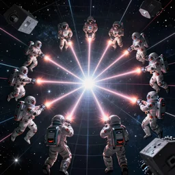 wide view of a dozen futuristic spacemen firing lasers, zero gravity, floating, in space, bright, hiding behind obstacles, surrounded by a laser grid, stars visible, unreal engine, lensflares, low perspective, fish eye