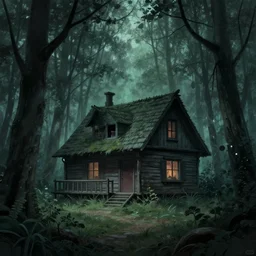 a Illustration of a Eerie cabin in the middle of the woods in the style of Beksinski