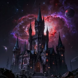 a dark gothic castle with tall spires in an asteroid field with a red and purple nebula