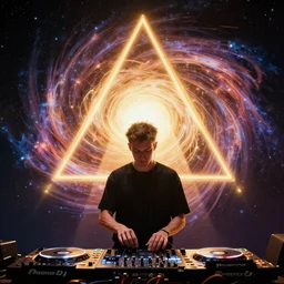 Man djing in front of the universe, digital art, dynamic lighting, hyper detailed, artstation, golden ratio, by Anton Fadeev and Beeple and greg rutkowski and liam wong, 4K