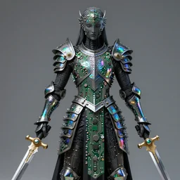 “Iridescent deity with armor made of tiny complex circuit boards, dark entity, holding swords” - H 300 W 1024