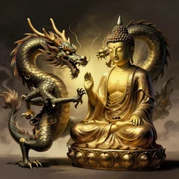 a small Buddha statue fighting a dragon, dramatic lighting, illustration by Greg rutkowski, yoji shinkawa, 4k, digital art, concept art, trending on artstation