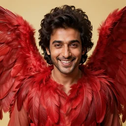 close up portrait, smiling avan jogia as an angel, red feathers, alphonse mucha, rhads, ross tran, artstation, artgerm, octane render, 1 6 k