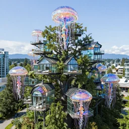 holographic glass  jellyfish tree houses city cluster houses on stilts with a balcony lounges at 2875 adanac.st vanvcouver,british columbia,canada