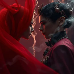 wedding from hell, boy and a girl, by tom bagshaw and greg rutkowski, red fabric, fiber amethyst weaving into strands of smoke and brass and iron metal filigree joining into carbon fiber strands, fractal shapes, white explosions, dramatic lighting, ultra detail, close up, dof, smooth render, cinematic, octane render
