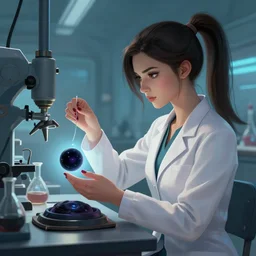 a league of legends concept art of a beautiful young female scientist in a laboratory making experiments on a small black hole, style by jordan grimmer and greg rutkowski, side view, ponytail, elegant, sharp focus, morandi color scheme, illustration, high quality, highly detailed, digital art, 4 k wallpaper, hyperrealism