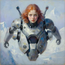holy young female battle robot flying award winning, portrait bust symmetry faded tetrachromacycolors arctic background tim hildebrandt wayne barlowe bruce pennington donato giancola larry elmore masterpiece trending on artstation cinematic composition beautiful lighting hyper detailed!!! 8 k oil on canvas