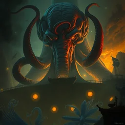 proud cthulhu portrait in rms lusitania, greg rutkowski, rhads, ferdinand knab, makoto shinkai lois van baarle, ilya kuvshinov, rossdraws, tom bagshaw, global illumination, intricate, detailed, atmospheric lighting, golden hour