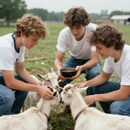 7 0 s picture of 4 guys woth bowlcuts feeding and petting a goat outside