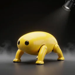 promotional image, boston dynamics spot, yellow, hd, 4 k, high resolution, octane renderer, real, ground mist, spotlight, studio lighting, black backdrop, beauty shot, rimlight