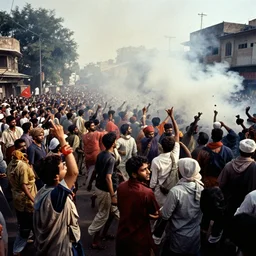 a beautiful epic dramatic scene from a massive communal riot in gujarat india, 2 0 0 2, by alex webb, by wes anderson, by gregory crewdson, featured on architecture daily, shot on large format film, 3 5 mm film, grainy, cinematic composition, beautiful volumetric lighting, no frames
