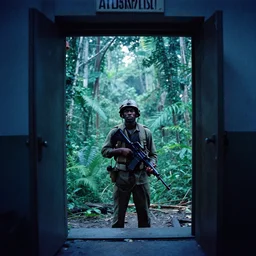 film still, extreme far view, kodak black, jungle, vietnam door gunner, apocalypse now, associated press,, 2 6 mm, kodak ektachrome, blue tint expired film