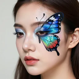a woman with her a butterfly painted on her face. face painting of a butterfly 🦋. beautiful highly detailed face. painting by artgerm and greg rutkowski and raymond swanland.