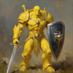 yellow human-sized warforged, in focus, character with a paladin sword and a huge shield by Roger Dean, by Anton Fadeev, by albert bierstadt, magical realism, oil on canvas, soft render, octane, artstation