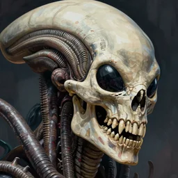 xenomorph skull, close - up portrait, intricate, elegant, volumetric lighting, scenery, digital painting, highly detailed, artstation, sharp focus, illustration, concept art, gaston bussiere, ruan jia, steve mccurry